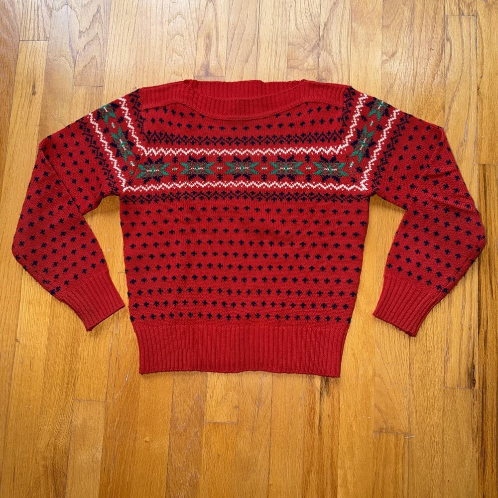 Vintage Sunrise Sweater Womens Large Red Fair Isle Acrylic Knit Pullover 80s 90s